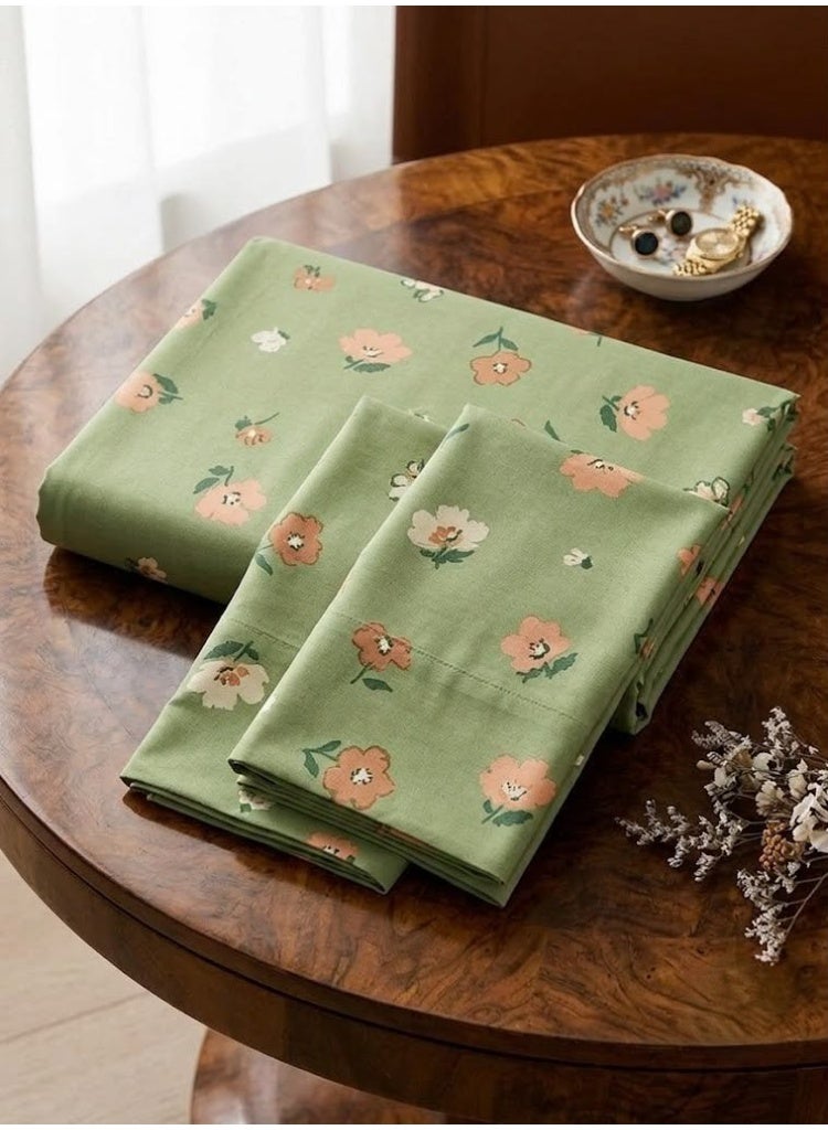 3-Piece 150 GSM Microfiber King Size Bed Sheet Set - Sage Green with Peach Floral Print, Includes 1 Flat Sheet (270x250 CM) & 2 Pillowcases (50x75 CM) - Image 5