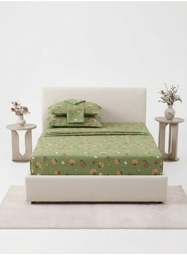 3-Piece 150 GSM Microfiber King Size Bed Sheet Set - Sage Green with Peach Floral Print, Includes 1 Flat Sheet (270x250 CM) & 2 Pillowcases (50x75 CM) - Image 1
