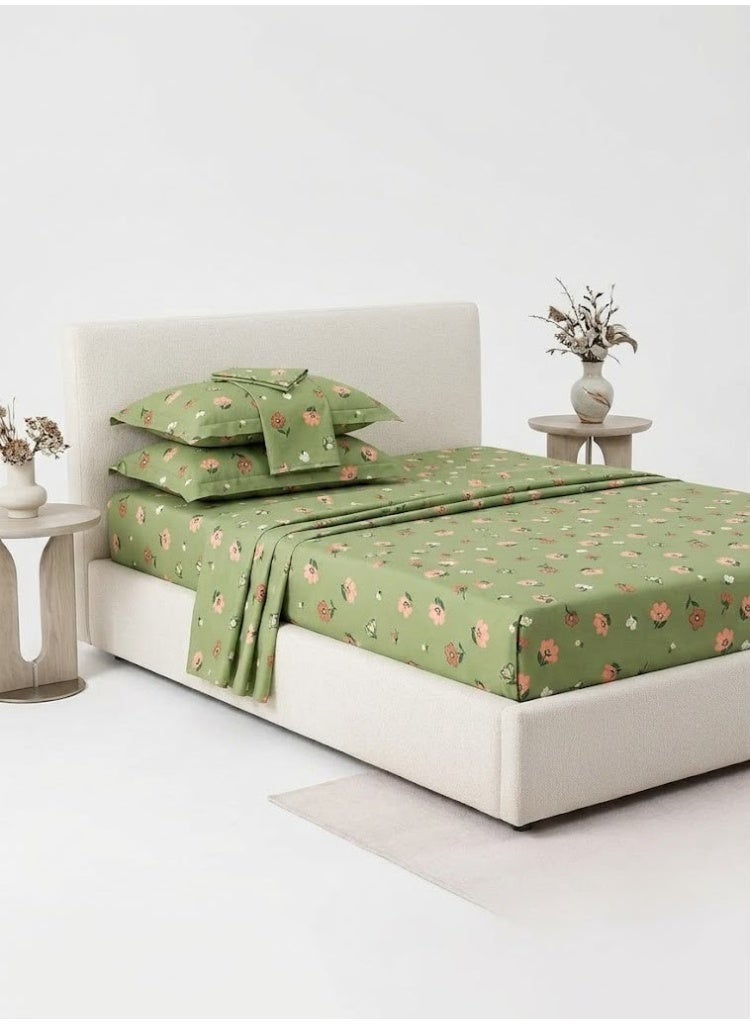 3-Piece 150 GSM Microfiber King Size Bed Sheet Set - Sage Green with Peach Floral Print, Includes 1 Flat Sheet (270x250 CM) & 2 Pillowcases (50x75 CM) - Image 2