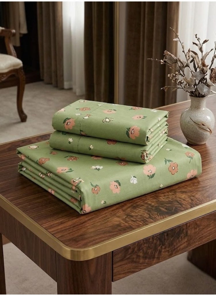 3-Piece 150 GSM Microfiber King Size Bed Sheet Set - Sage Green with Peach Floral Print, Includes 1 Flat Sheet (270x250 CM) & 2 Pillowcases (50x75 CM) - Image 4