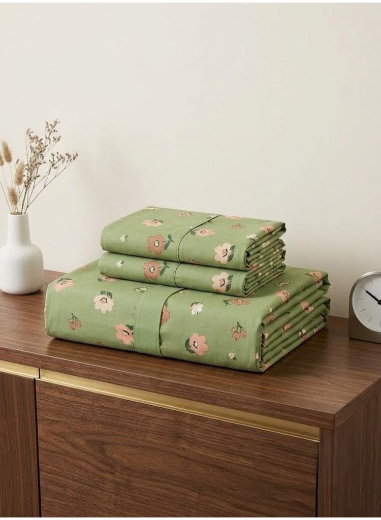 3-Piece 150 GSM Microfiber King Size Bed Sheet Set - Sage Green with Peach Floral Print, Includes 1 Flat Sheet (270x250 CM) & 2 Pillowcases (50x75 CM) - Image 3