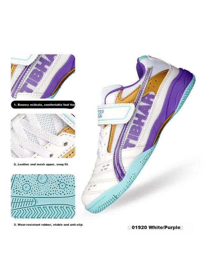 Tibhar Kids Table Tennis Shoes Non-slip Durable Training Breathable Rubber Sole Sports Shoes 01920 White Purple Size 30 - Image 5