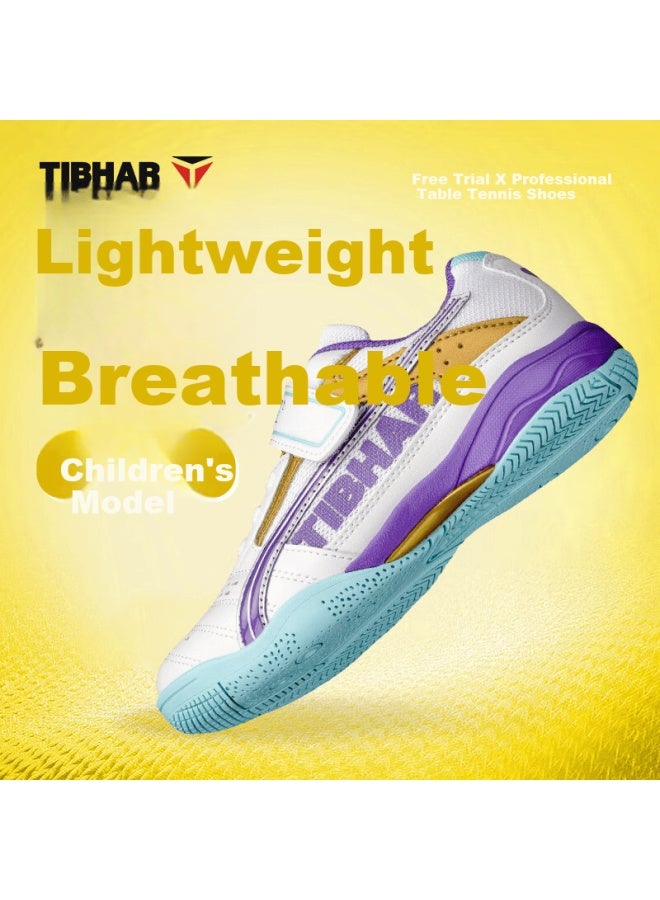Tibhar Kids Table Tennis Shoes Non-slip Durable Training Breathable Rubber Sole Sports Shoes 01920 White Purple Size 30 - Image 1