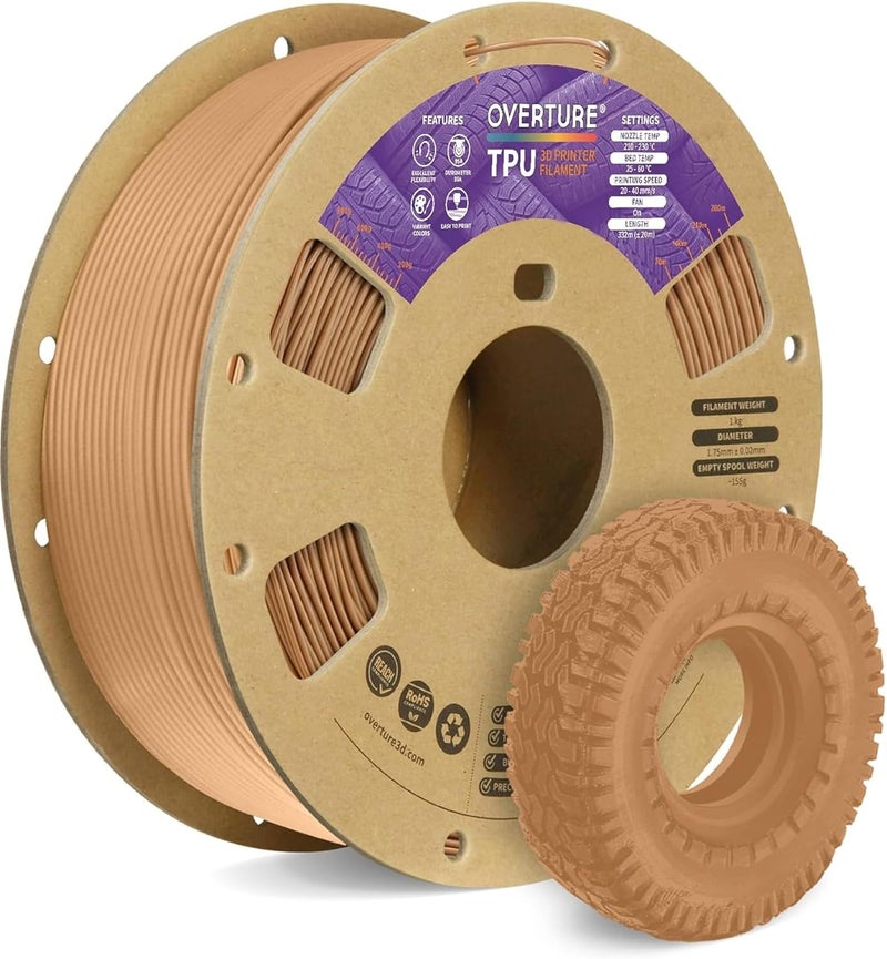 OVERTURE TPU Filament 1.75mm Flexible Roll, 95A Soft 3D Printer Filament, 1kg Spool (2.2 lbs), Fit Most FDM Printer (TPU Brown) - Image 1