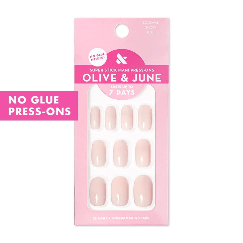 Olive & June Classic Super Stick Mani Press On Nails | No Glue Needed | 32 Tab Nails 16 Sizes | Non-Toxic Tabs Non-Damaging 7-Day Wear | Spring Flowers & Patterns | Short, Squoval | Tutu Pastel Pink - Image 2