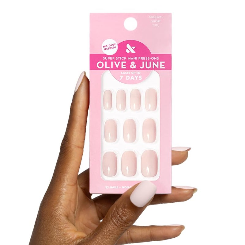 Olive & June Classic Super Stick Mani Press On Nails | No Glue Needed | 32 Tab Nails 16 Sizes | Non-Toxic Tabs Non-Damaging 7-Day Wear | Spring Flowers & Patterns | Short, Squoval | Tutu Pastel Pink - Image 1