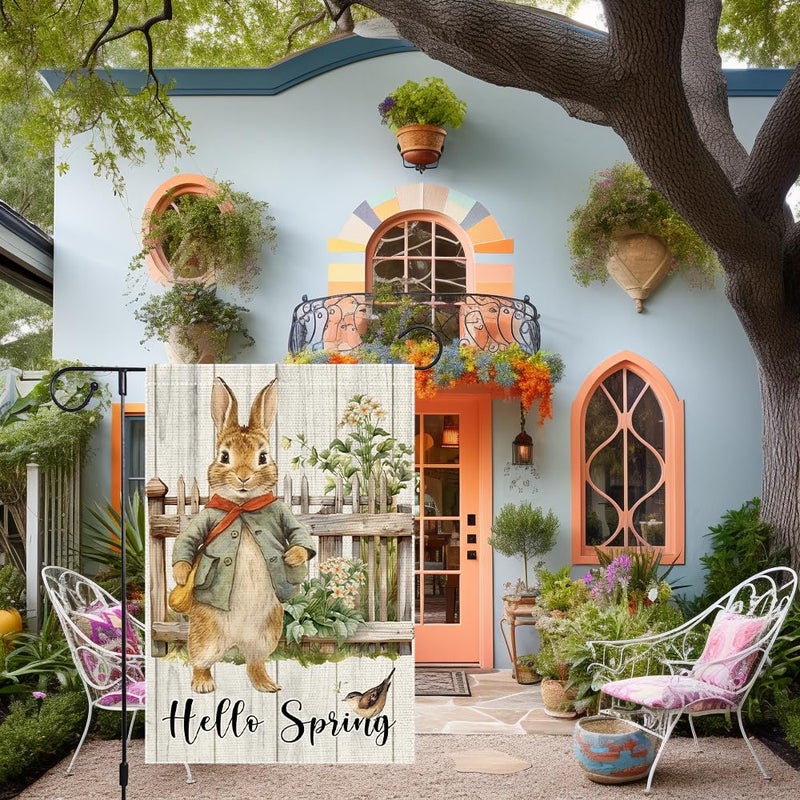 RMXJKIIU Hello Spring Garden Flag 12x18 inch Burlap Double Sided Rabbit Colorful Floral Cardinal Small Garden Flags easter Decorations For Outside Yard Home Outdoor Patio Lawn Decor - Image 2