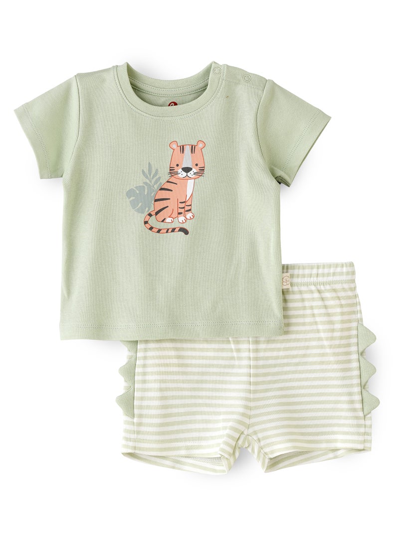 Elegant Kids - Boys' Tiger Print T-Shirt & Striped Dino-Back Shorts Set - Image 1