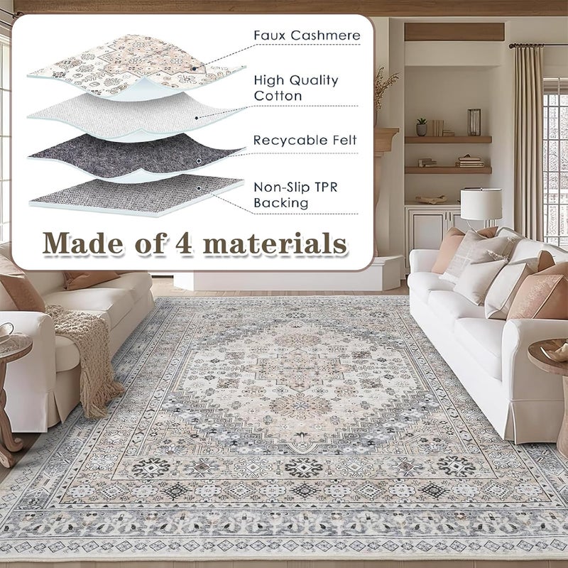 LIODUX Boho Area Rugs, Ultra-Thin Washble Rug, Bohemian Vintage Carpet, Anti Slip Backing Rugs for Living Room, Bedroom, Vintage Office Decor Area Rug (Grey, 120 x 180 cm (Rectangular)) - Image 5