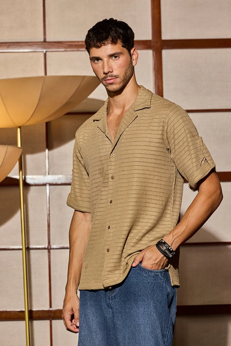 SNITCH Khaki Self-Design Cuban Shirt