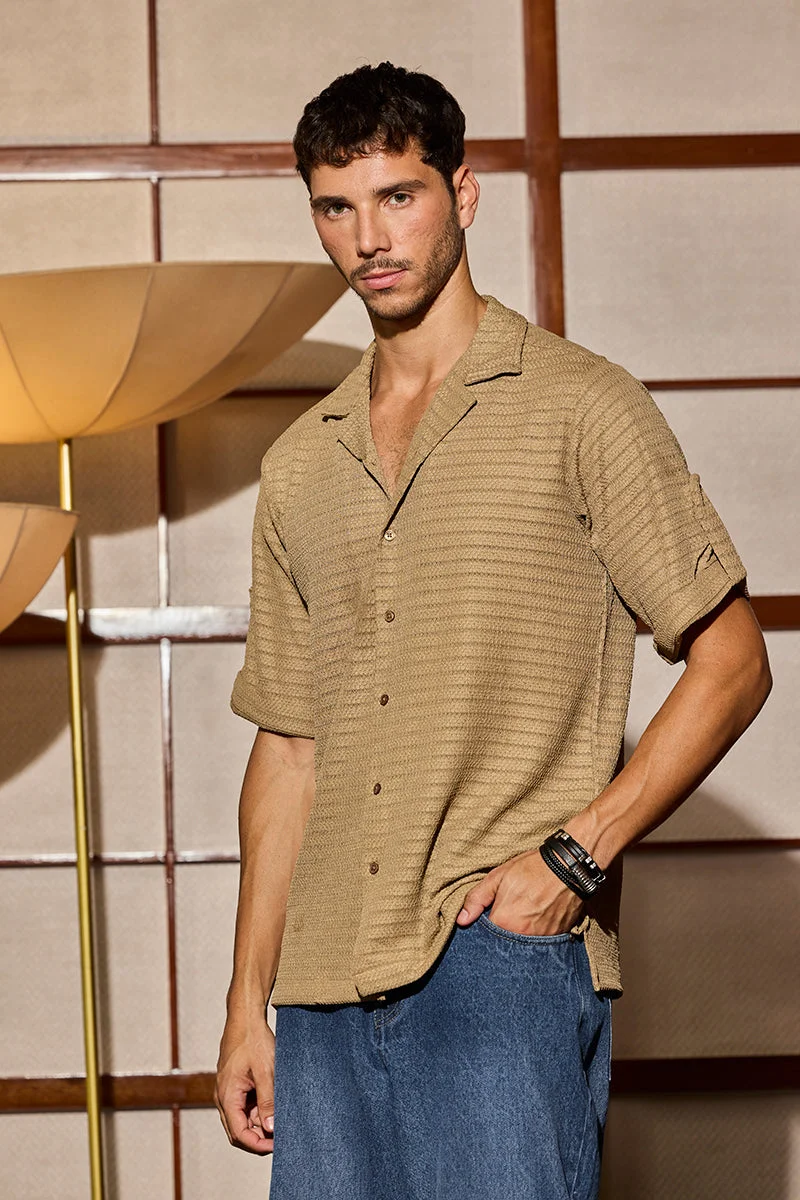 SNITCH Khaki Self-Design Cuban Shirt