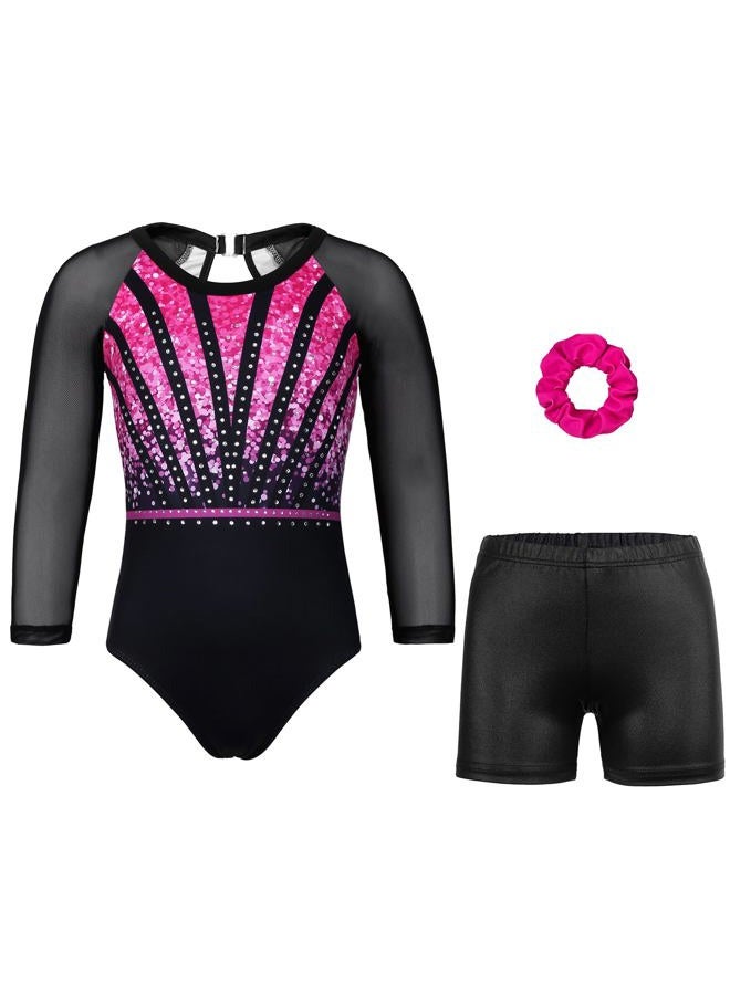 JOYSTREAM Gymnastics Leotards for Girls With Shorts Sparkly Ballet Dance Long Mesh Sleeve, Blue Lines Set, 10-11 Years - Image 1