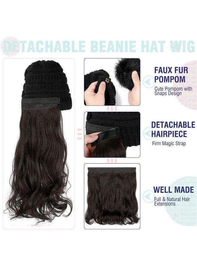 لانسيجرين قبعة باروكة مع وصلات شعر طويلة ومموجة وقبعة محبوكة مع قطعة شعر صناعية قابلة للإزالة مقاس 20 بوصة للنساء في الشتاء باللون البني الداكن - Image 3