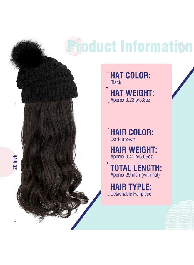 لانسيجرين قبعة باروكة مع وصلات شعر طويلة ومموجة وقبعة محبوكة مع قطعة شعر صناعية قابلة للإزالة مقاس 20 بوصة للنساء في الشتاء باللون البني الداكن - Image 4
