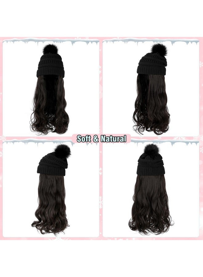 لانسيجرين قبعة باروكة مع وصلات شعر طويلة ومموجة وقبعة محبوكة مع قطعة شعر صناعية قابلة للإزالة مقاس 20 بوصة للنساء في الشتاء باللون البني الداكن - Image 2