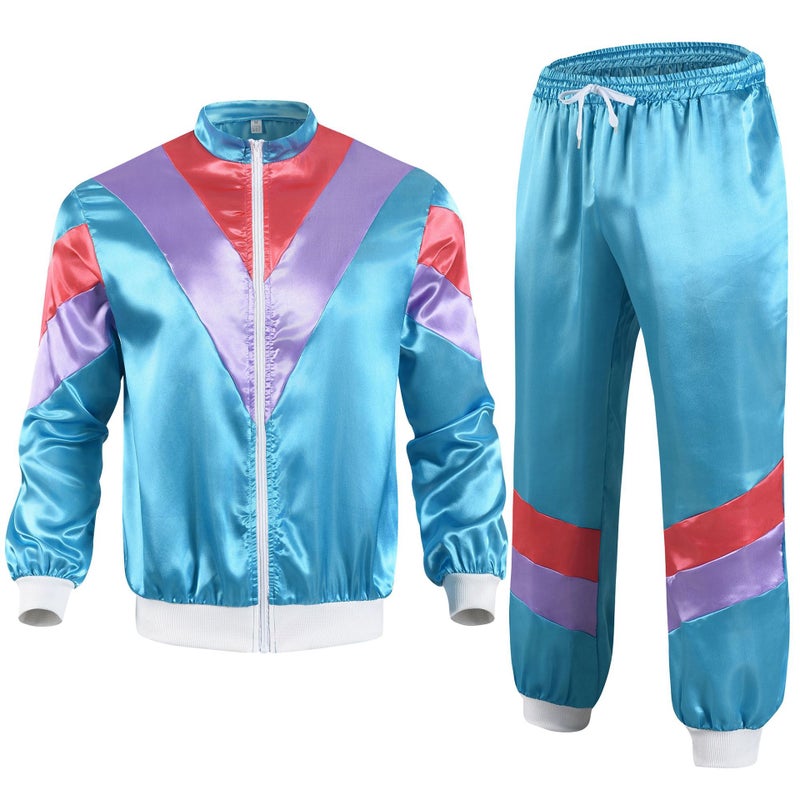 Cross Border 80 s Disco Sportswear Jacket and Pants Jogging Suit Retro Style 80 s Theme Party Blue Sportswear
