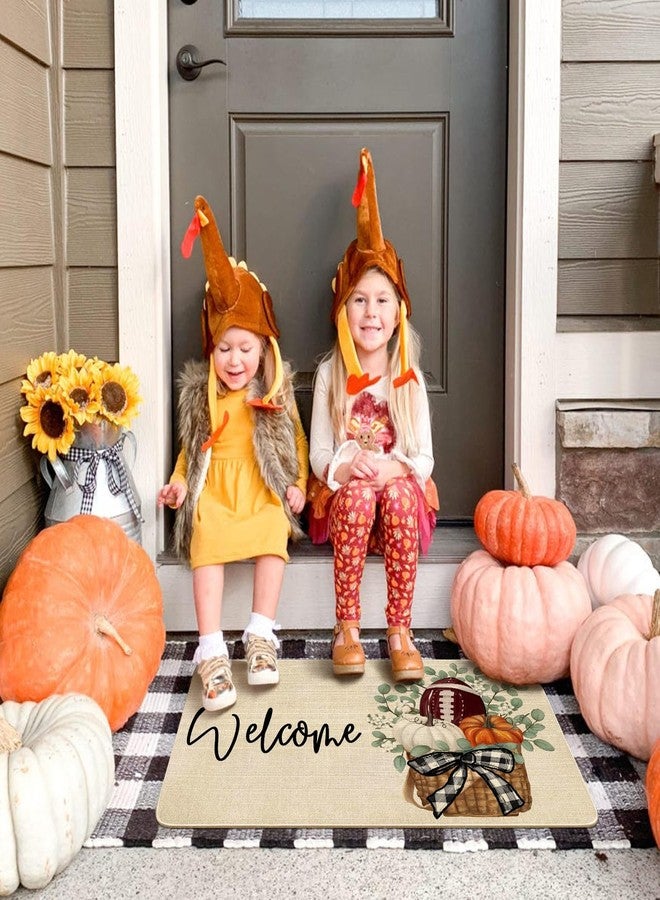 Xsinufn Fall Door Mat Outside,Pumpkin Eucalyptus Welcome Mat for Front Door,Thanksgiving Autumn Indoor Outdoor Non-Slip Rugs Doormat for Farmhouse Home Porch Decorations (Orange Football 30" x 17") - Image 3