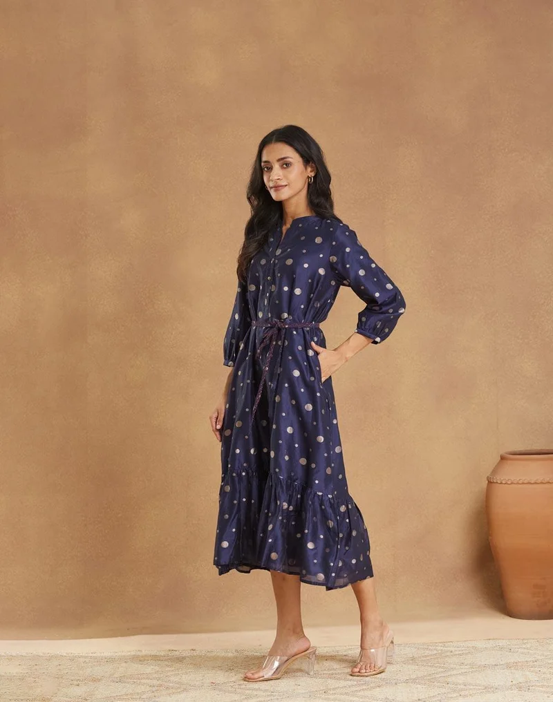 Fabindia Blue Cotton Silk Blend Cutwork Maxi
