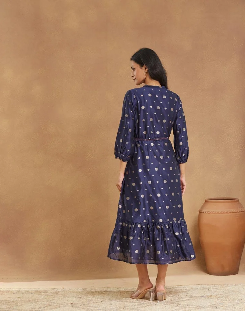 Fabindia Blue Cotton Silk Blend Cutwork Maxi