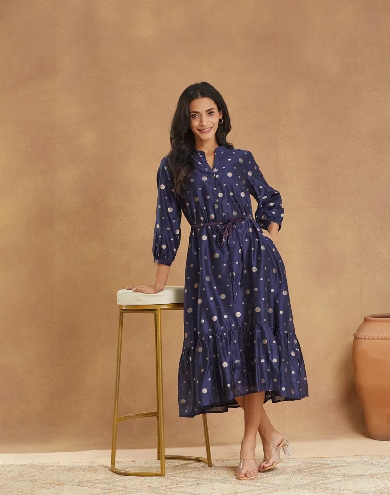 Fabindia Blue Cotton Silk Blend Cutwork Maxi