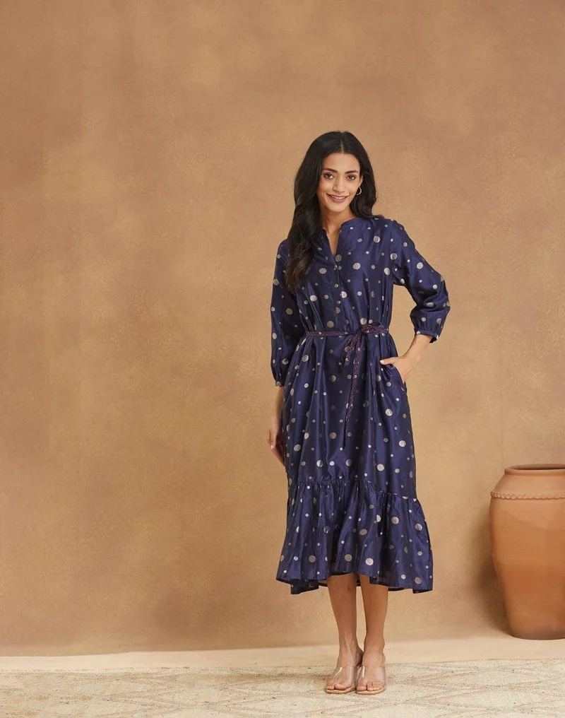 Fabindia Blue Cotton Silk Blend Cutwork Maxi