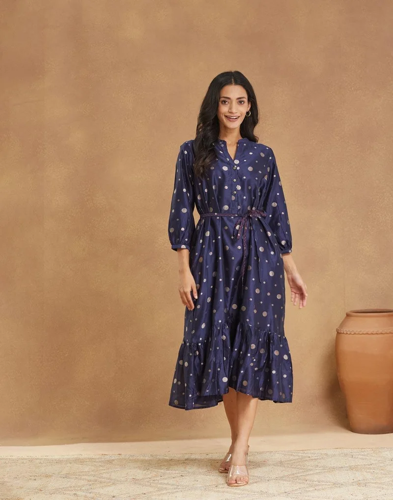 Fabindia Blue Cotton Silk Blend Cutwork Maxi