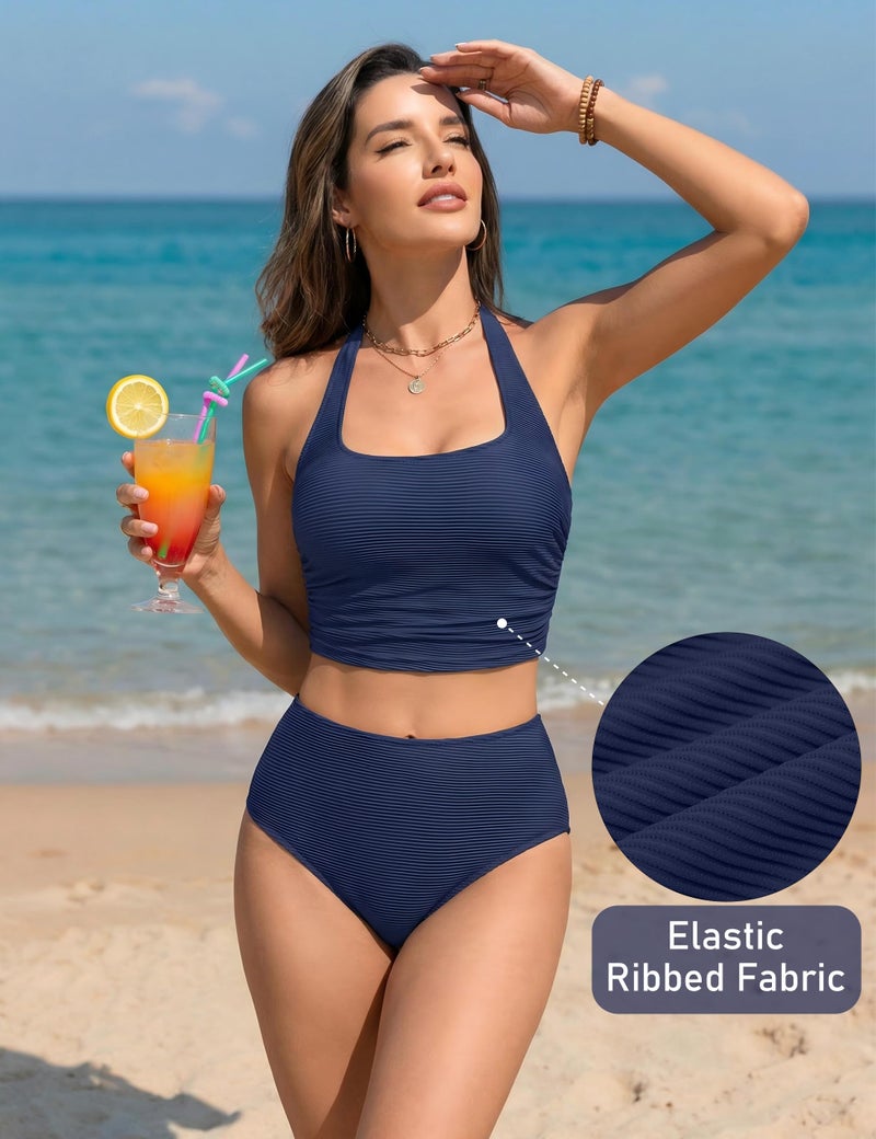 BMJL Bikini Sets for Women High Waisted Tummy Control Swimming Suit Flattering Ribbed Halter Full Coverage Swimsuit(S,Dark Blue) - Image 5