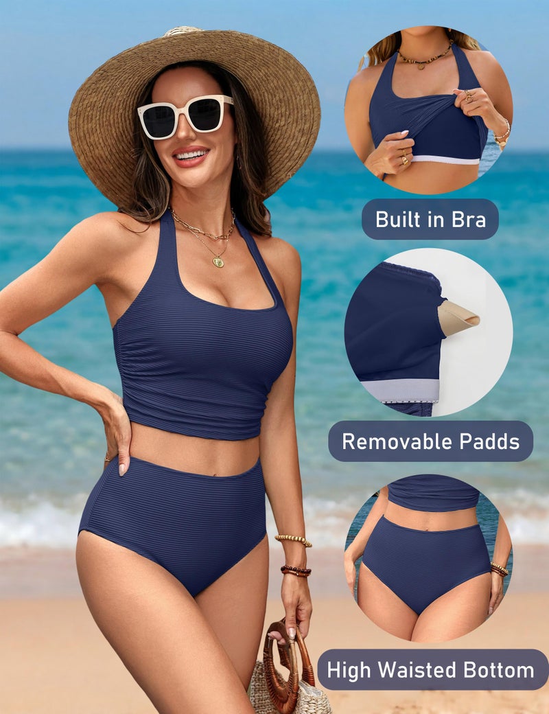 BMJL Bikini Sets for Women High Waisted Tummy Control Swimming Suit Flattering Ribbed Halter Full Coverage Swimsuit(S,Dark Blue) - Image 4