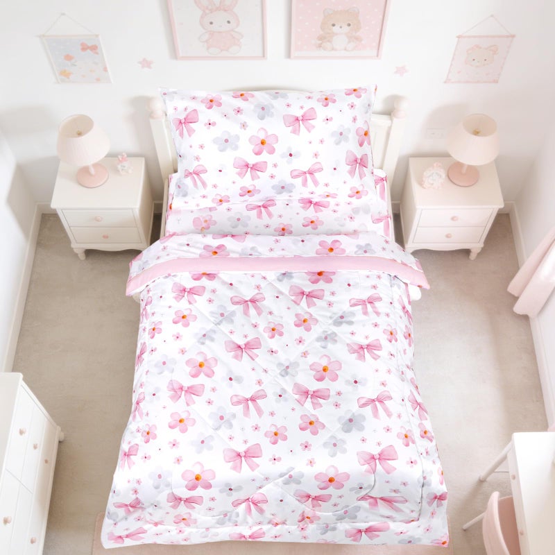 Hooyax Toddler Bedding Set for Girls - 4 Piece Bow Toddler Comforter Set Includes Fitted Sheet, Comforter, Pillowcase & Flat Sheet - Soft Comfort Microfiber for All Seasons - Image 1