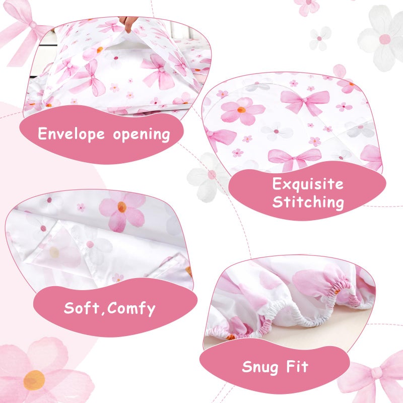 Hooyax Toddler Bedding Set for Girls - 4 Piece Bow Toddler Comforter Set Includes Fitted Sheet, Comforter, Pillowcase & Flat Sheet - Soft Comfort Microfiber for All Seasons - Image 4