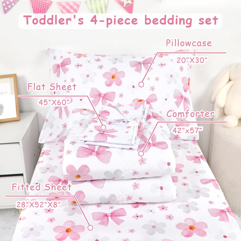 Hooyax Toddler Bedding Set for Girls - 4 Piece Bow Toddler Comforter Set Includes Fitted Sheet, Comforter, Pillowcase & Flat Sheet - Soft Comfort Microfiber for All Seasons - Image 3