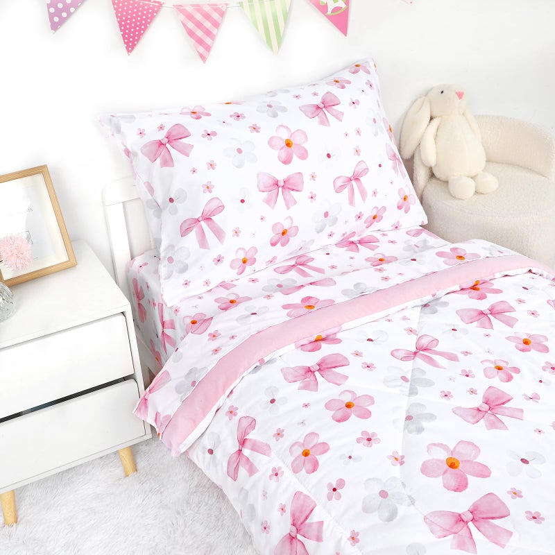Hooyax Toddler Bedding Set for Girls - 4 Piece Bow Toddler Comforter Set Includes Fitted Sheet, Comforter, Pillowcase & Flat Sheet - Soft Comfort Microfiber for All Seasons - Image 5