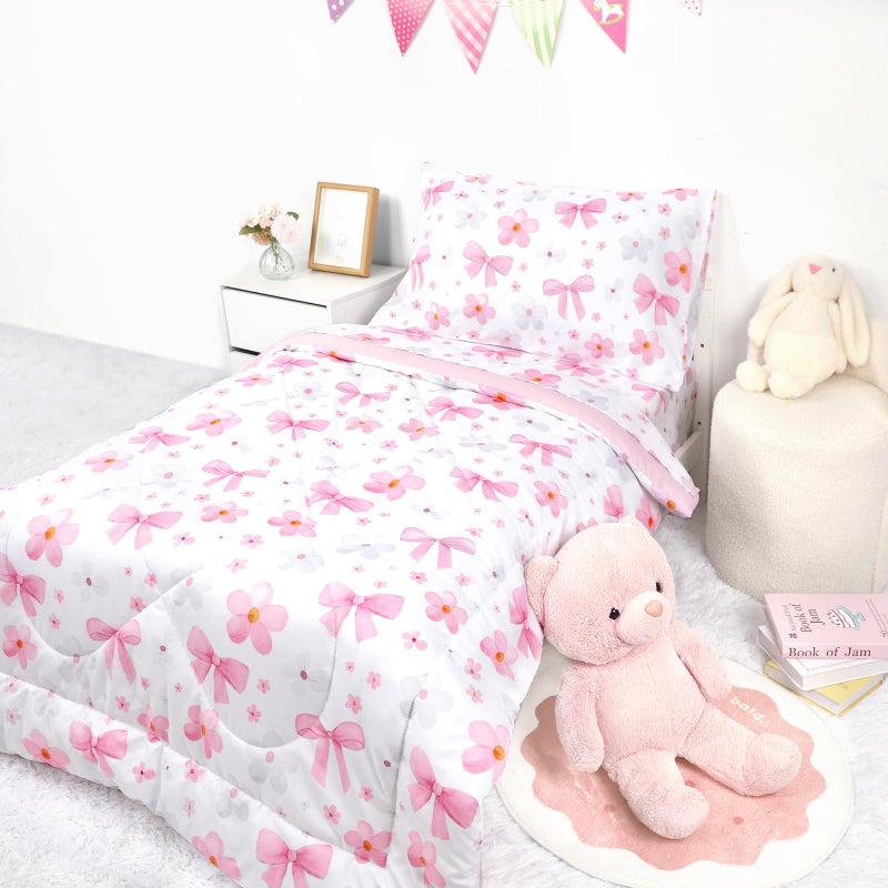 Hooyax Toddler Bedding Set for Girls - 4 Piece Bow Toddler Comforter Set Includes Fitted Sheet, Comforter, Pillowcase & Flat Sheet - Soft Comfort Microfiber for All Seasons - Image 2