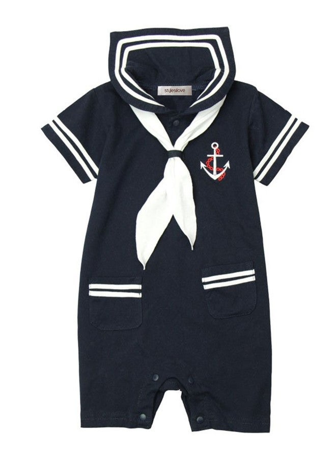 stylesilove Baby Boys Marine Sailor Short Sleeve Cotton Romper Onesie with Necktie 2pcs Holiday Outfit (Navy Blue, 18 Months) - Image 1