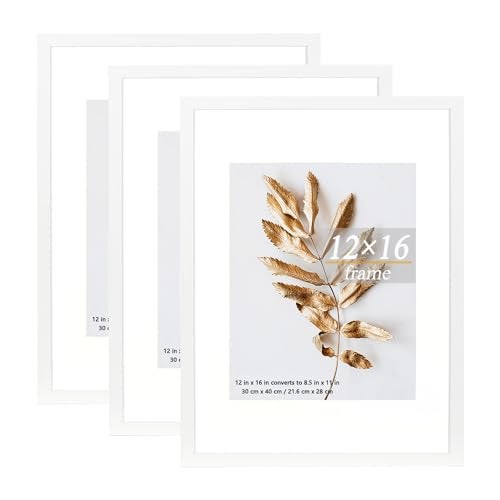 Hogaryo Set of 3 12x16 Picture Frame White can Display 8.5x11 Picture with Mat or 12x16 Without Mat on the Wall - Image 1