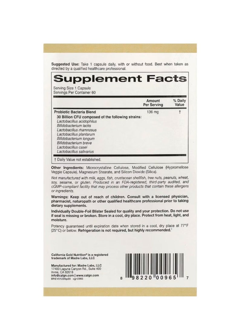 California Gold Nutrition LactoBif 30 Probiotic 30 Billion CFU 60 Veggie Capsules  - Image 2