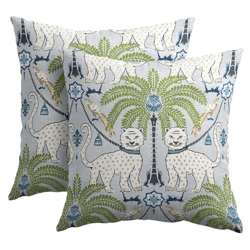 aportt Animal Print Tiger Leopard Tropical Tree Pillow Covers 18X18 Inch Set of 2 Vintage Asian Bird Decorative Pillow Cases Green Chinoiserie Cotton Linen Cushion Case Farmhouse Home Decor For Sofa Couch - Image 1