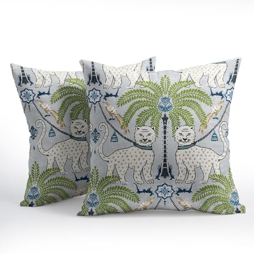 aportt Animal Print Tiger Leopard Tropical Tree Pillow Covers 18X18 Inch Set of 2 Vintage Asian Bird Decorative Pillow Cases Green Chinoiserie Cotton Linen Cushion Case Farmhouse Home Decor For Sofa Couch - Image 3