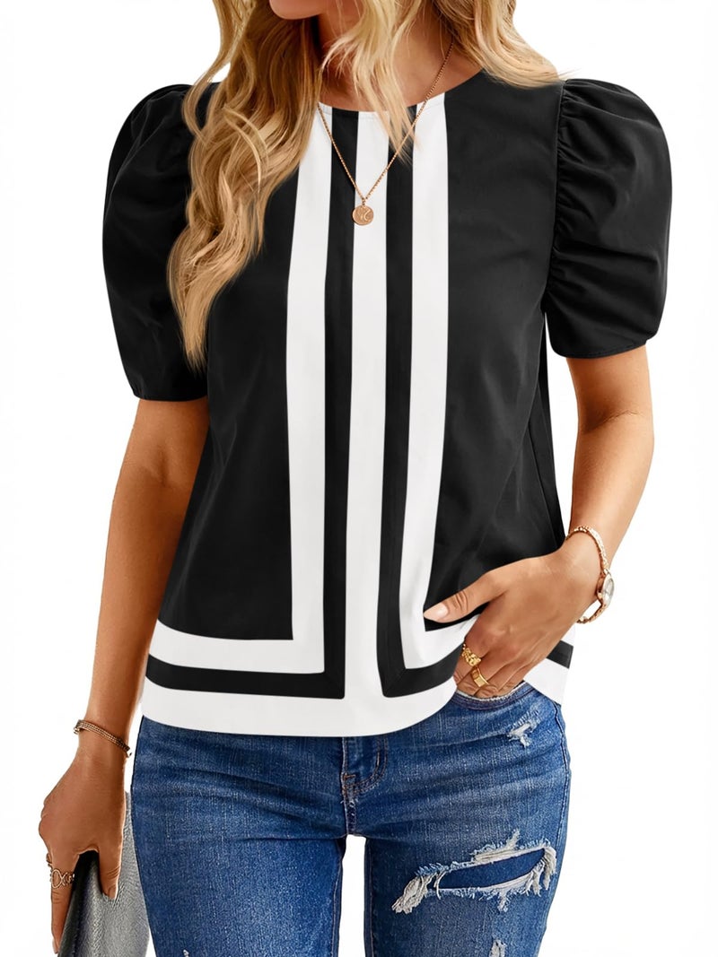 Cicy Bell Womens Summer Puff Sleeve Blouses Striped Color Block Cropped Tops Casual Round Neck Shirts Black - Image 1