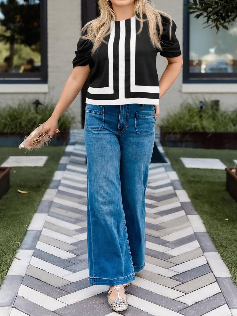 Cicy Bell Womens Summer Puff Sleeve Blouses Striped Color Block Cropped Tops Casual Round Neck Shirts Black - Image 5