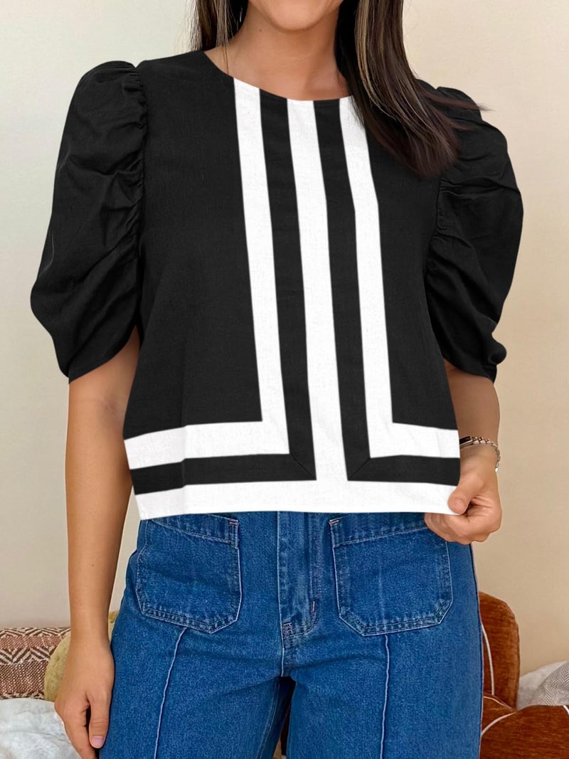Cicy Bell Womens Summer Puff Sleeve Blouses Striped Color Block Cropped Tops Casual Round Neck Shirts Black - Image 2