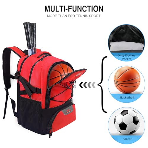 WOLT Tennis Bag - Large Tennis Racket Backpack for Men & Women - Ventilated Shoe Compartment - Holds 2 Rackets- Red - Image 2