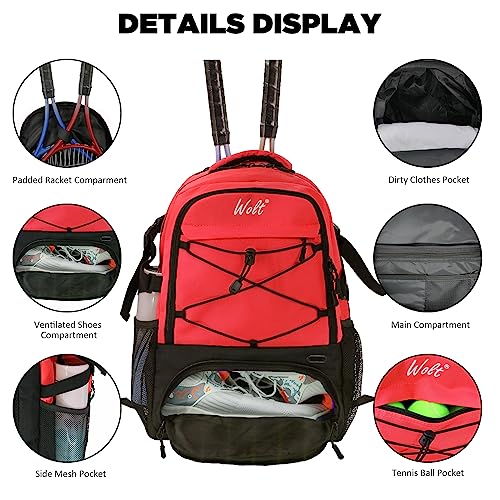 WOLT Tennis Bag - Large Tennis Racket Backpack for Men & Women - Ventilated Shoe Compartment - Holds 2 Rackets- Red - Image 4