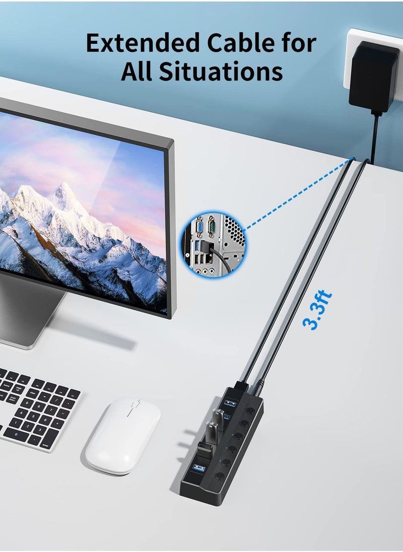 Excefore - 6-Port USB 3.0 Hub, USB Splitter for Laptop with Individual On/Off Switches and Light, 3ft Long Cord, USB Port Hub Extension for PC and Computer[Multiple USB Port] 6 USB data transfer ports make it ve - Image 1
