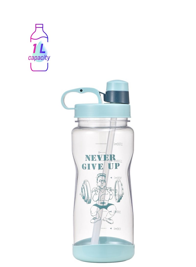 ALCOACH Water Bottle 1 L Never Give Up with Official Clear and Blue Reusable Straw in BPA Free Recyclable Plastic for Sports Picnics  - Image 1