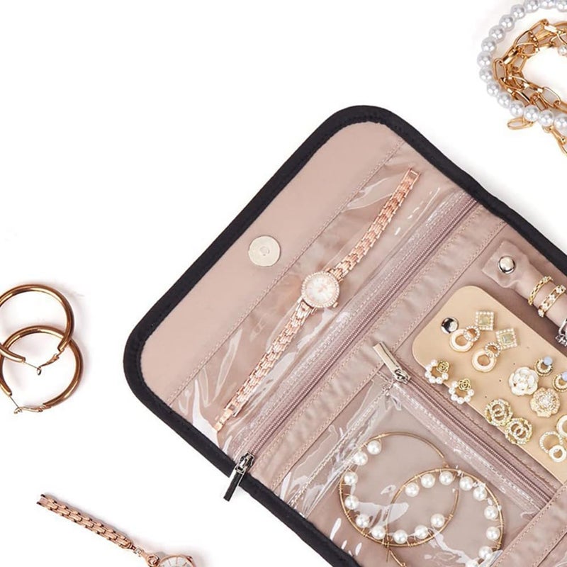 Foldable Jewelry Organizer Roll Portable Travel Case Soft Storage For Earrings Bracelets Black - Image 4