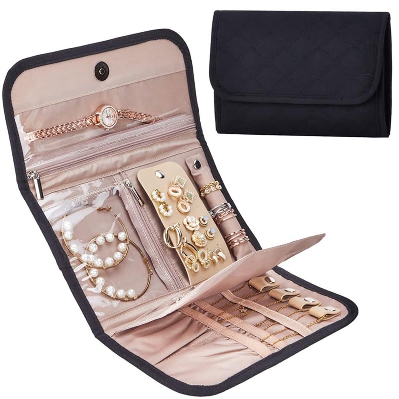 Foldable Jewelry Organizer Roll Portable Travel Case Soft Storage For Earrings Bracelets Black - Image 5