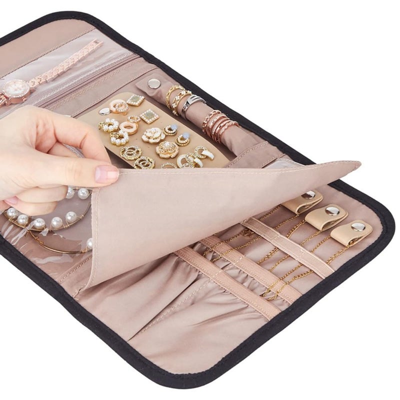 Foldable Jewelry Organizer Roll Portable Travel Case Soft Storage For Earrings Bracelets Black - Image 3