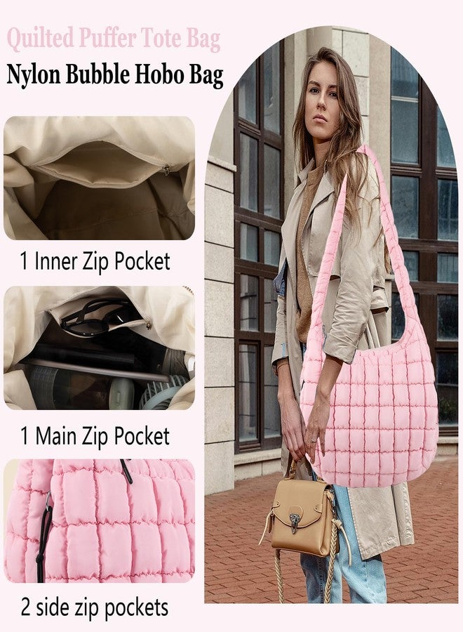 Iqimott Quilted Puffer Tote Crossbody Shoulder Bag with Zipper, Nylon Bubble Hobo Travel Top Handle Handbag for Women, Oversized Padding Quilted Bag Soft Large Carryall (Pink) - Image 4
