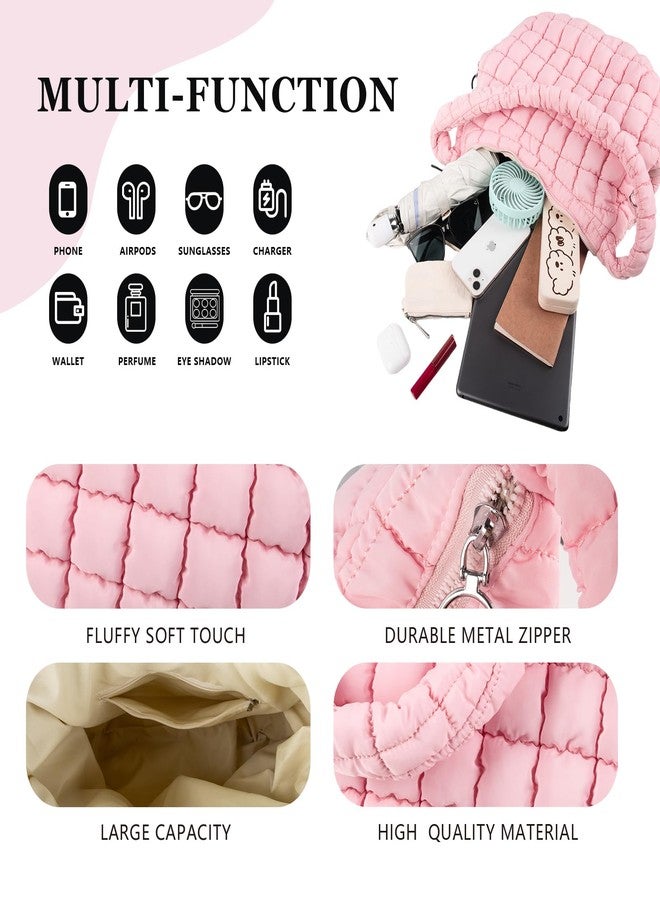 Iqimott Quilted Puffer Tote Crossbody Shoulder Bag with Zipper, Nylon Bubble Hobo Travel Top Handle Handbag for Women, Oversized Padding Quilted Bag Soft Large Carryall (Pink) - Image 3